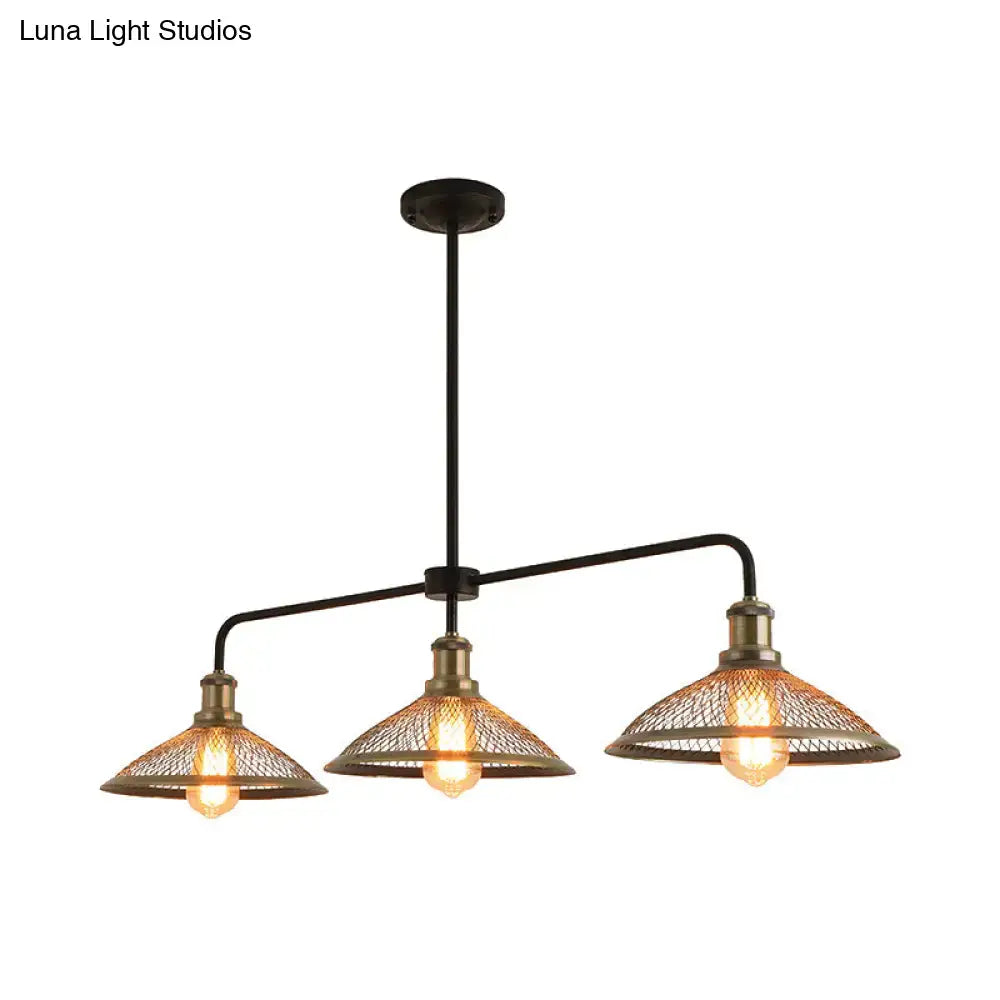 Industrial cage flared black and brass pendant light dining room