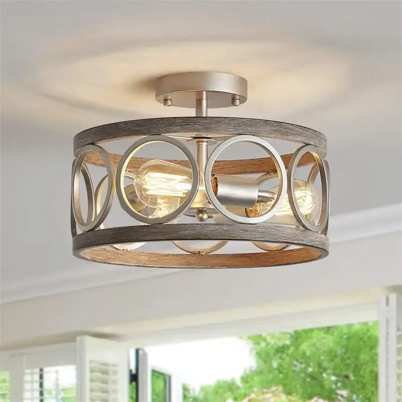 Industrial farmhouse chandelier wood & black metal dining room light