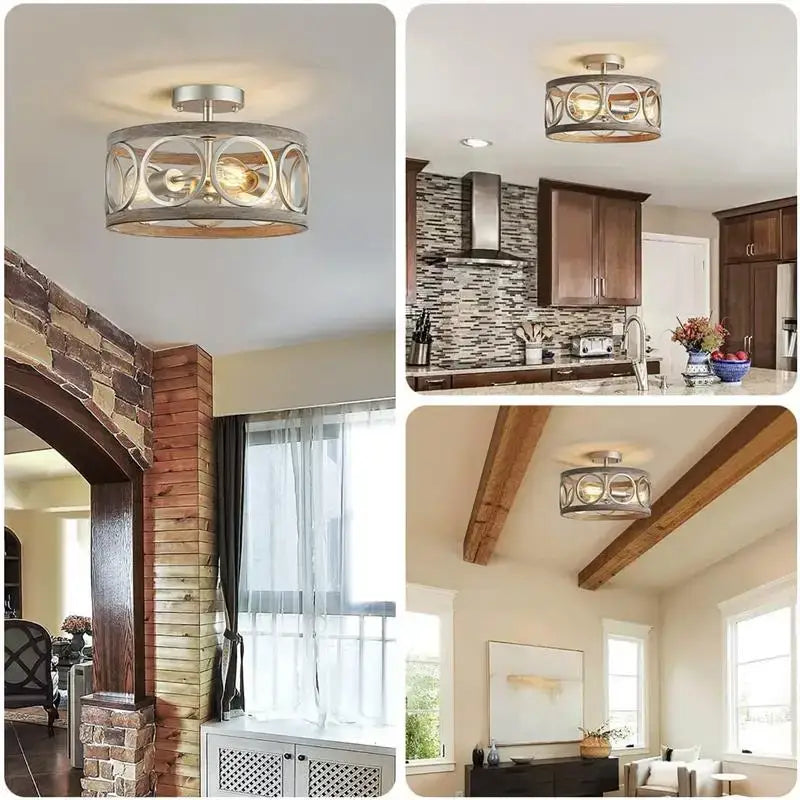 Industrial farmhouse chandelier wood & black metal dining room light