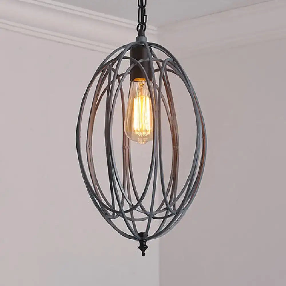 Industrial gray & red oval cage pendant light for restaurants