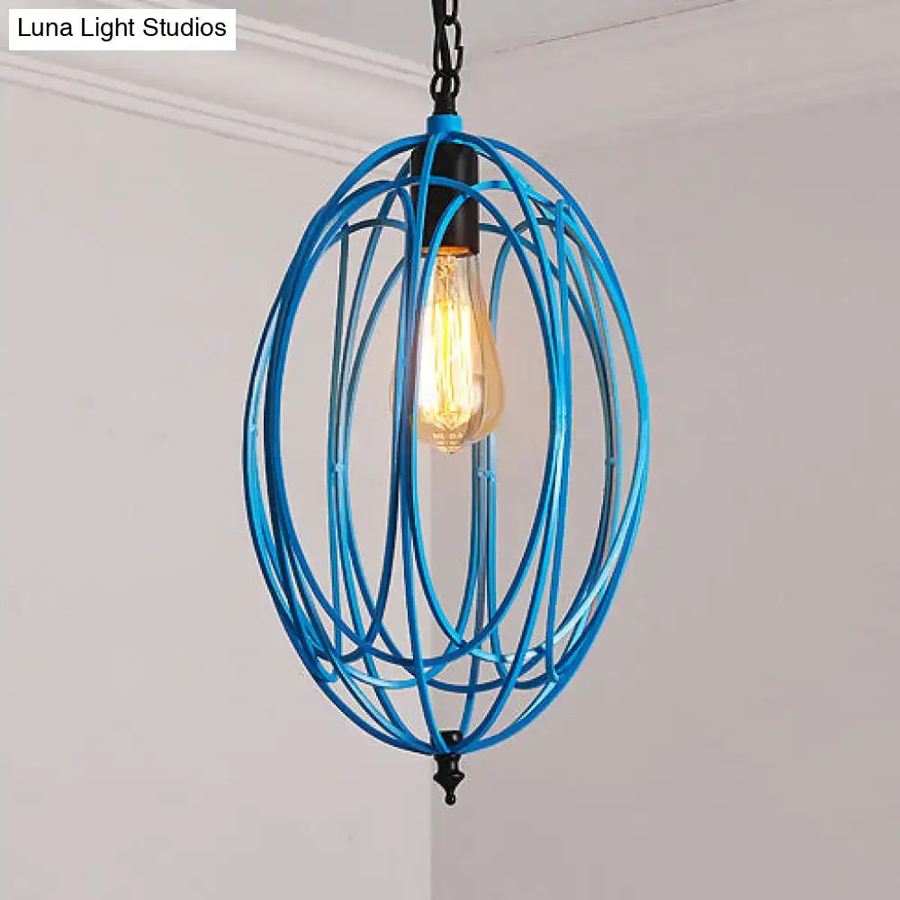 Industrial gray & red oval cage pendant light for restaurants