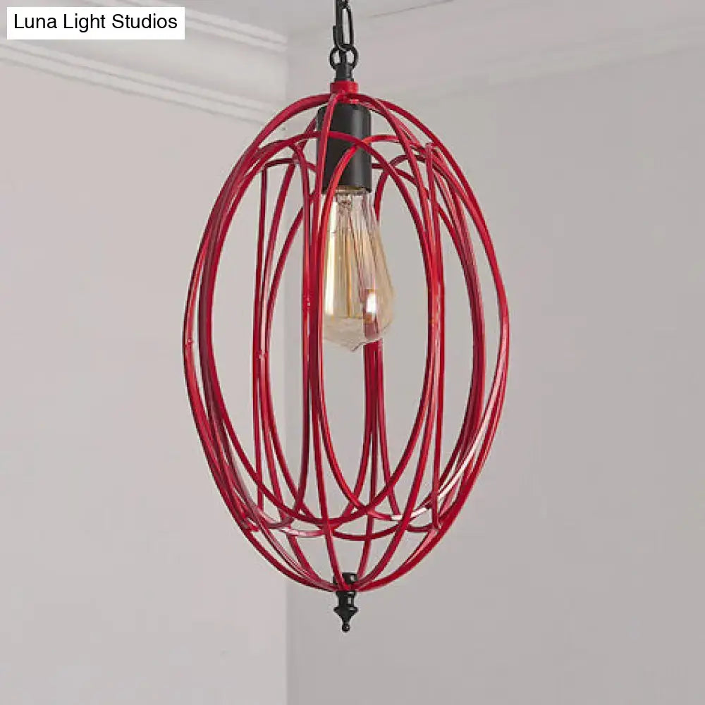 Industrial gray & red oval cage pendant light for restaurants