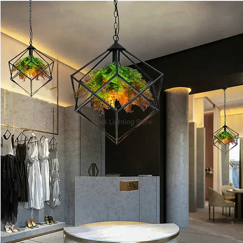 Industrial greenery chandelier black metal pendant light bar decor