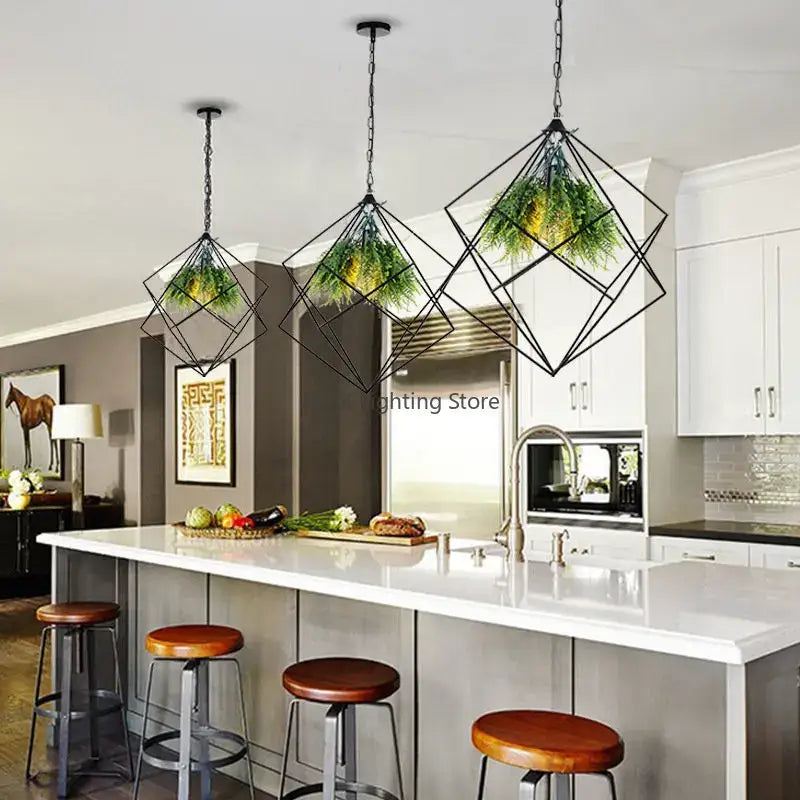 Industrial greenery chandelier black metal pendant light bar decor
