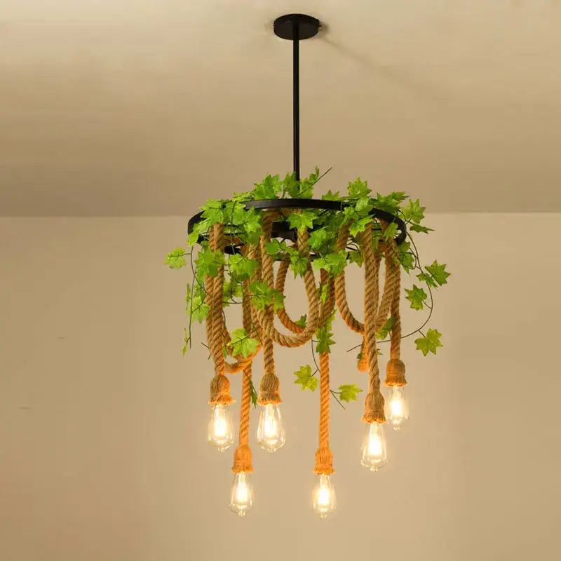Industrial loft chandelier black metal & natural rope dining room