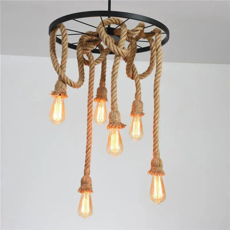 Industrial loft chandelier black metal & natural rope dining room