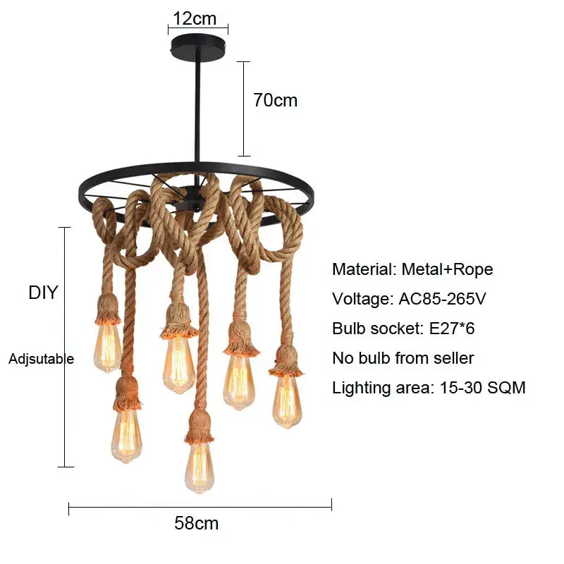 Industrial loft chandelier black metal & natural rope dining room