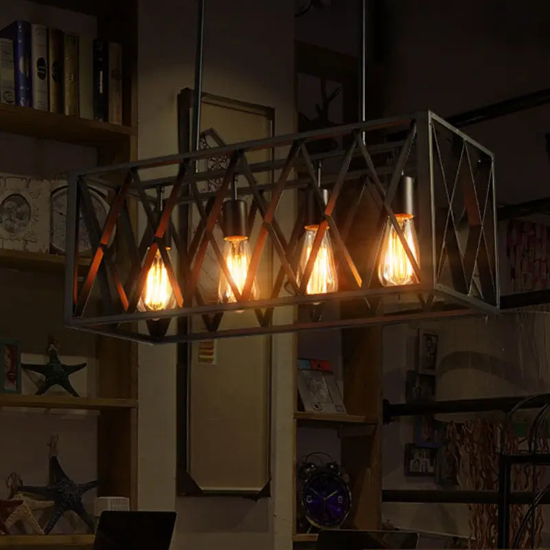 Industrial style black ironwork rectangular island light for kitchen
