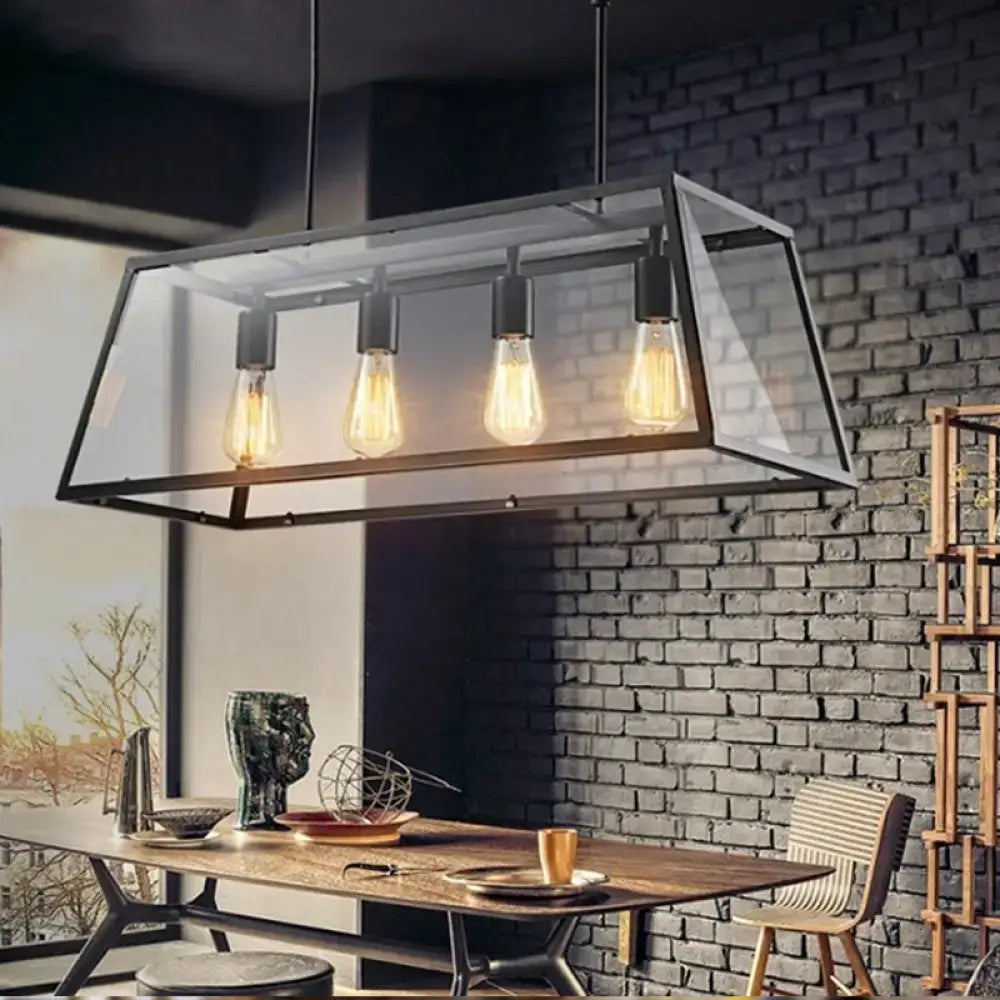 DecorBites™ Industrial Trapezoid 4-Light Island Lamp in Black with Clear Glass and Chain/Downrods
