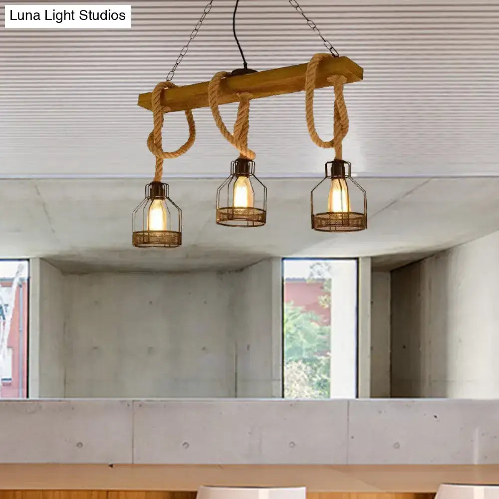 Industrial wood and rope caged restaurant island lighting kitchen chandelier