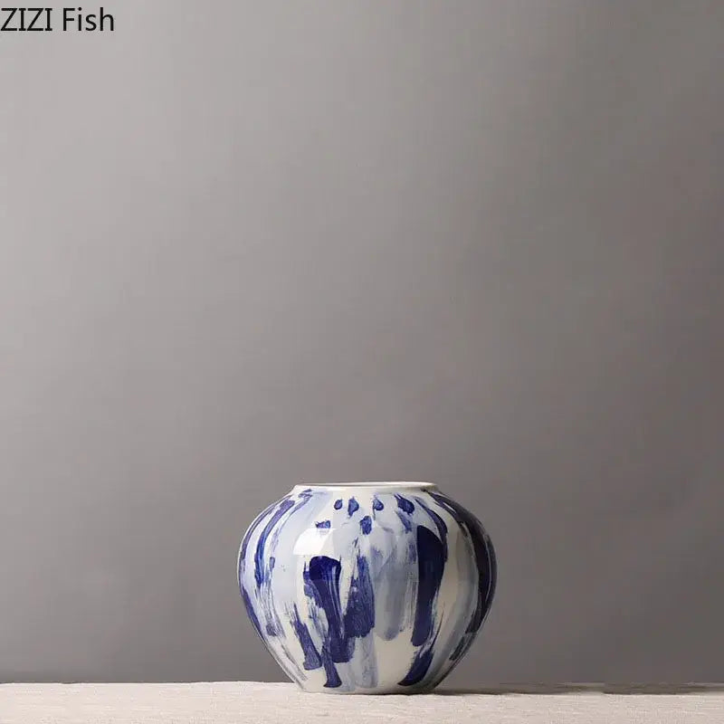 DecorBites™ Blue & White Porcelain Vase: Ink Style Flowers, Aesthetic Room Decor