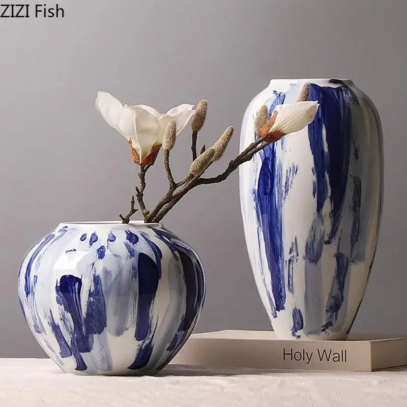 DecorBites™ Blue & White Porcelain Vase: Ink Style Flowers, Aesthetic Room Decor