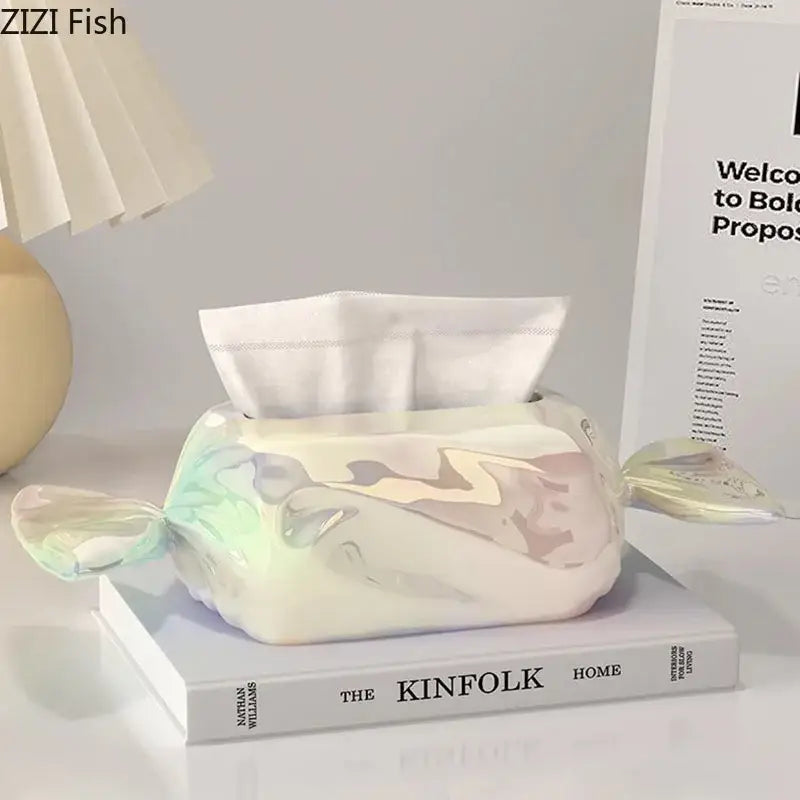 Iridescent whale ceramic tissue box holder living room decor