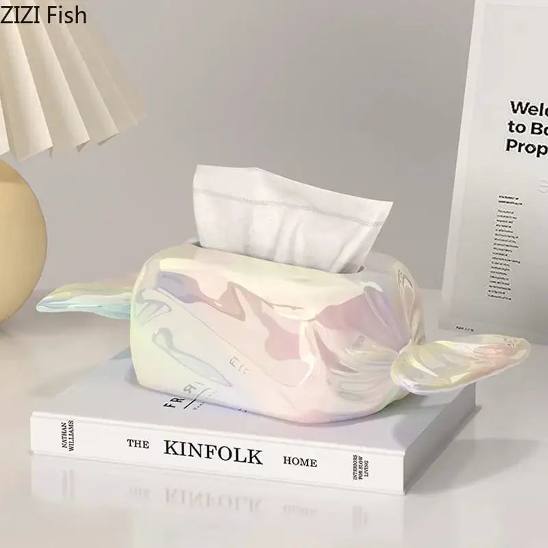 Iridescent whale ceramic tissue box holder living room decor