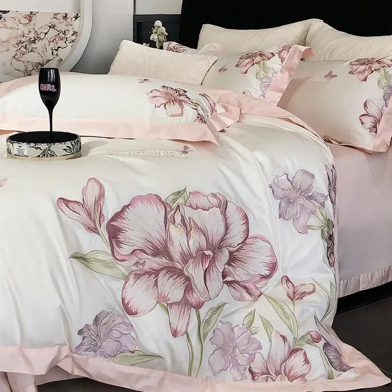 Ivory floral blooming flowers embroidery bedding set bedroom duvet cover