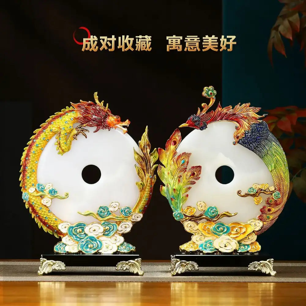 "DecorBites™ Jade Dragon Phoenix Ornament Enamel Living Room Decoration"