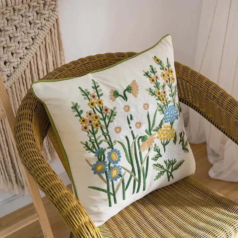 DecorBites™ Cotton Linen Embroidery Japanese Style Pillowcase 45x45cm