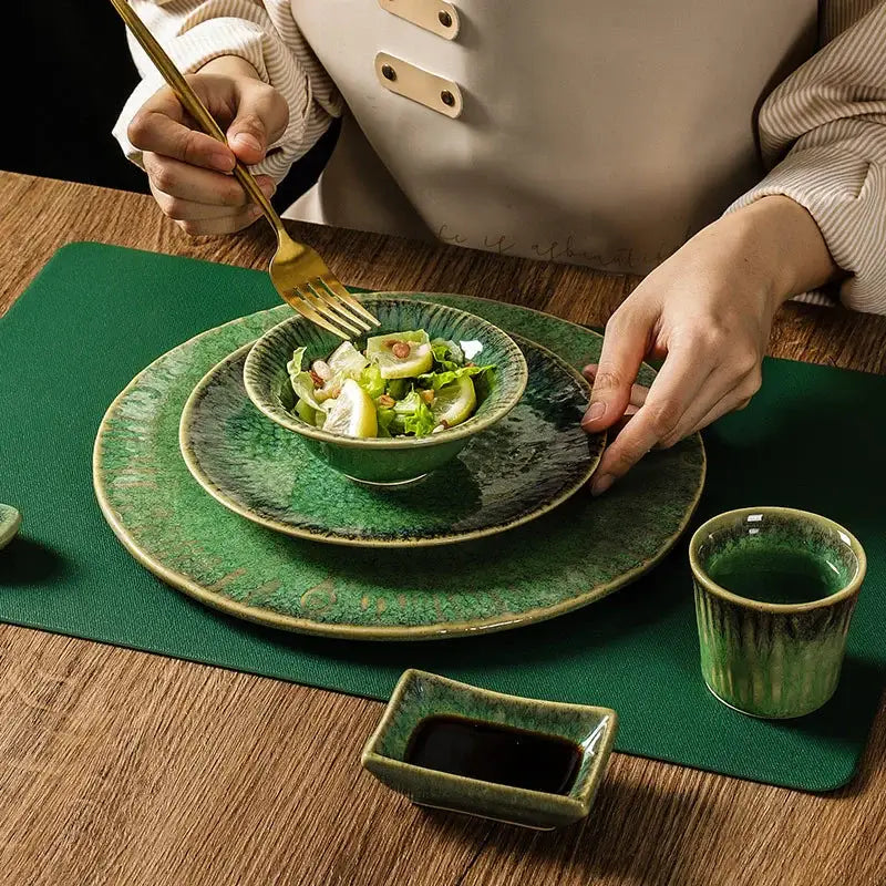 Japanese green textured ceramic dinnerware set dining room bowl
