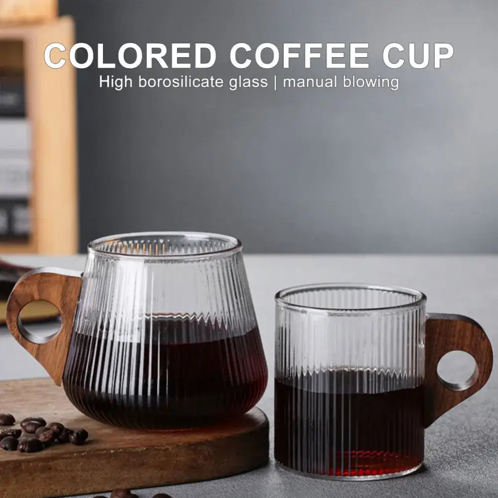 DecorBites™ Glass Coffee Mug with Wooden Handle, Japanese-Style Tea Cup, Vertical Stripes