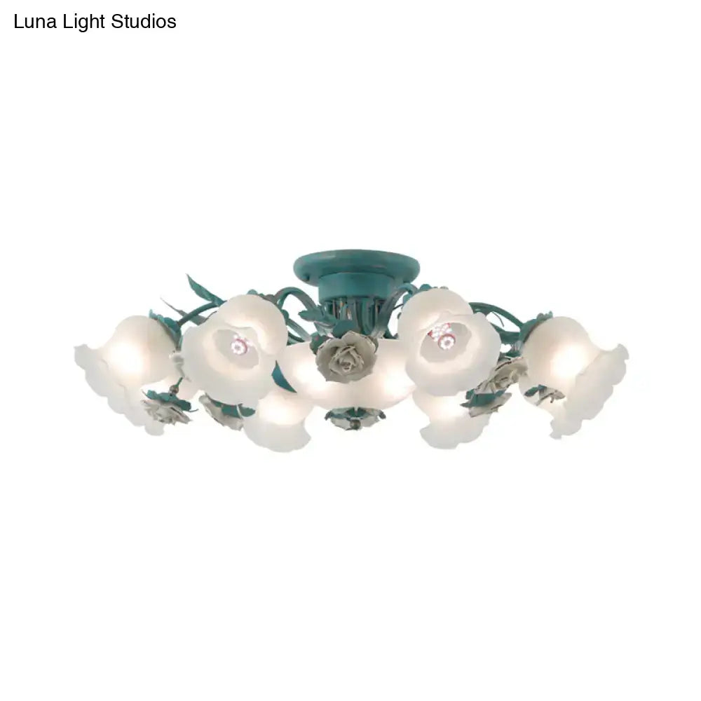 Korean garden flower teal frost glass ceiling light bedroom