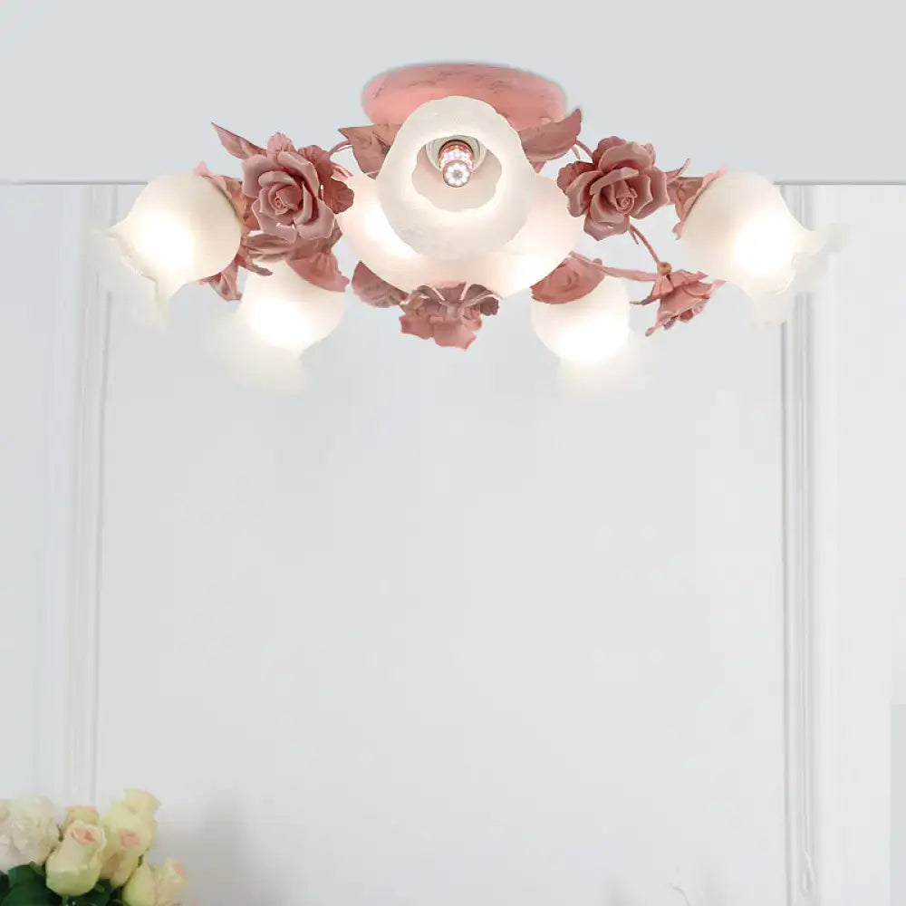 Korean garden flower teal frost glass ceiling light bedroom