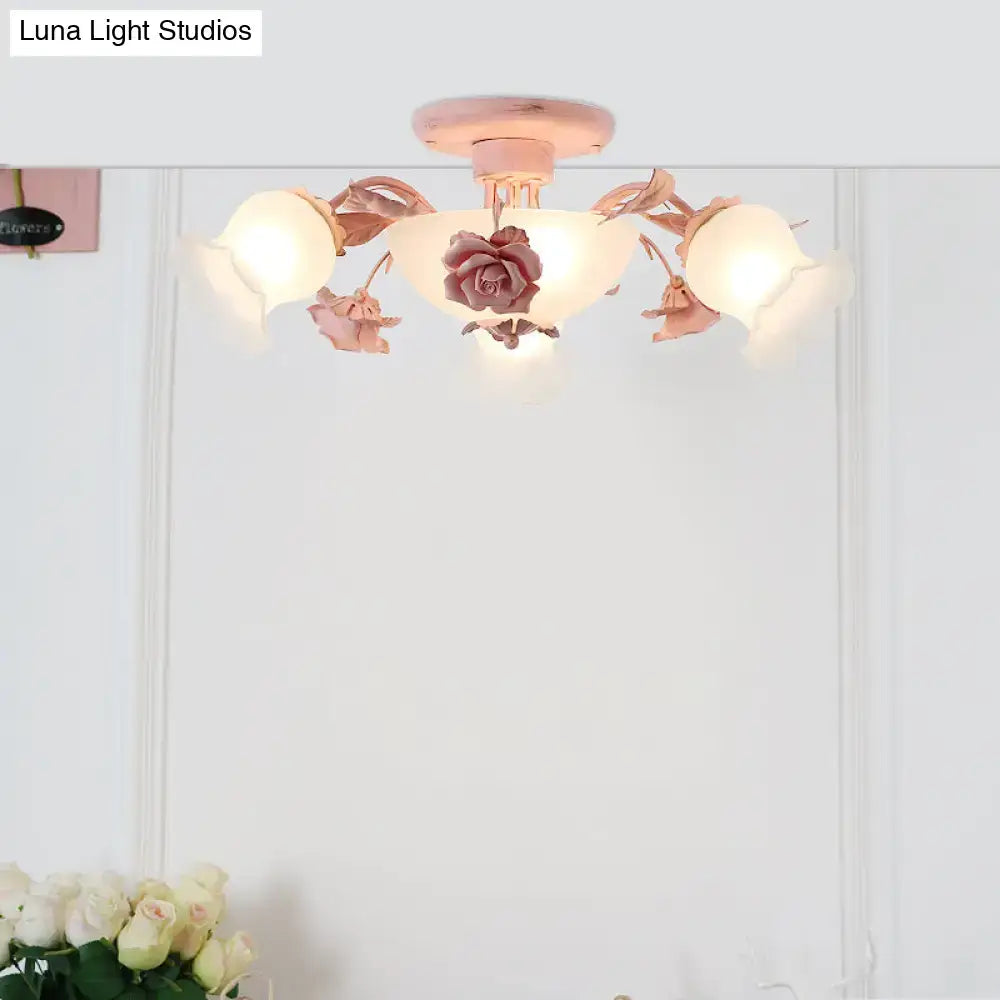 Korean garden flower teal frost glass ceiling light bedroom