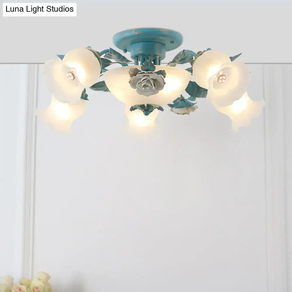 Korean garden flower teal frost glass ceiling light bedroom