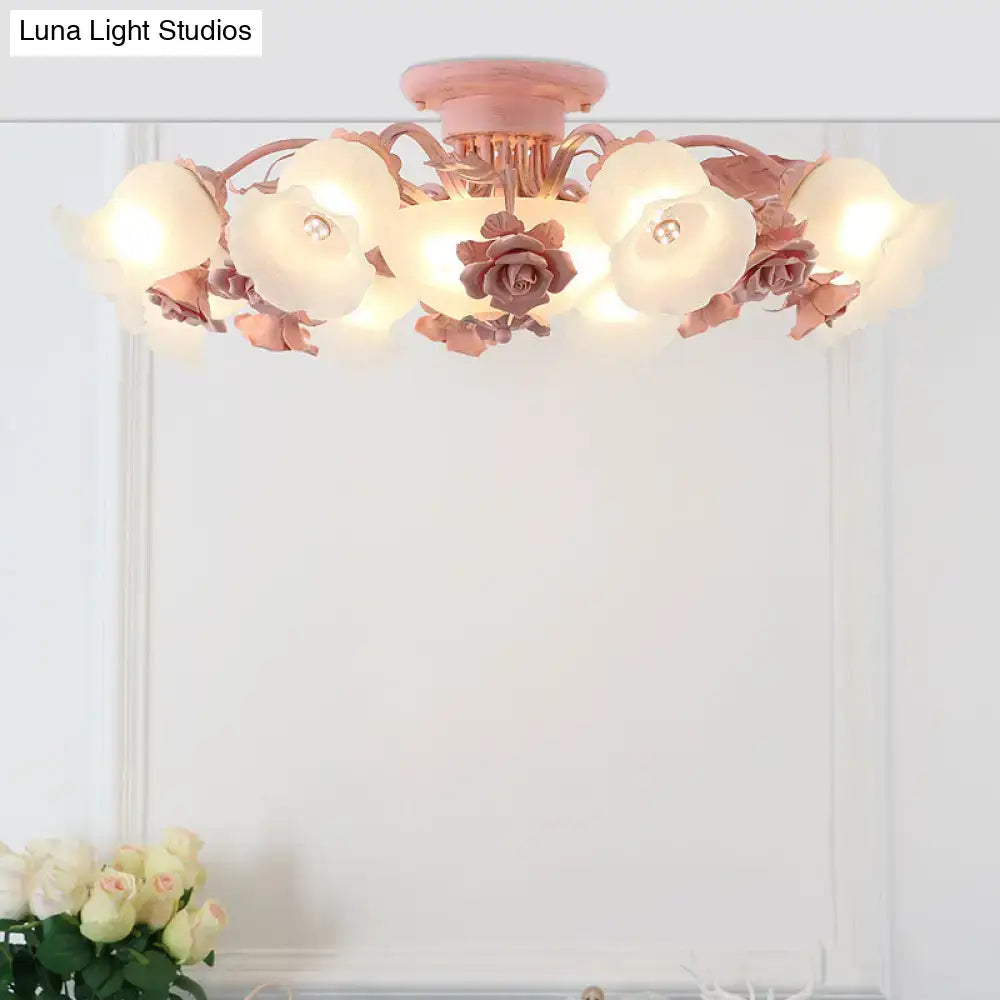 Korean garden flower teal frost glass ceiling light bedroom