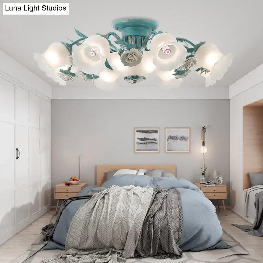 Korean garden flower teal frost glass ceiling light bedroom