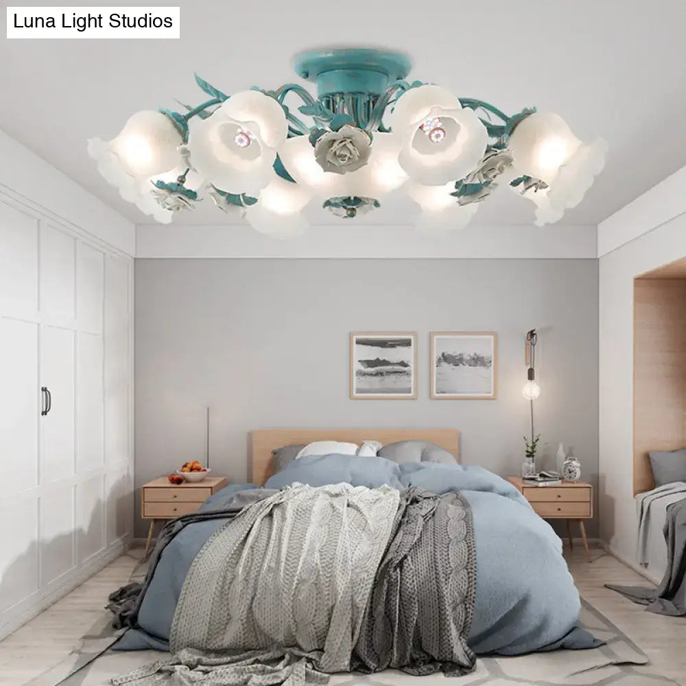 Korean garden flower teal frost glass ceiling light bedroom