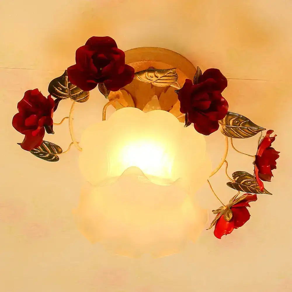Korean garden ruffle frost white glass ceiling light bedroom rose deco