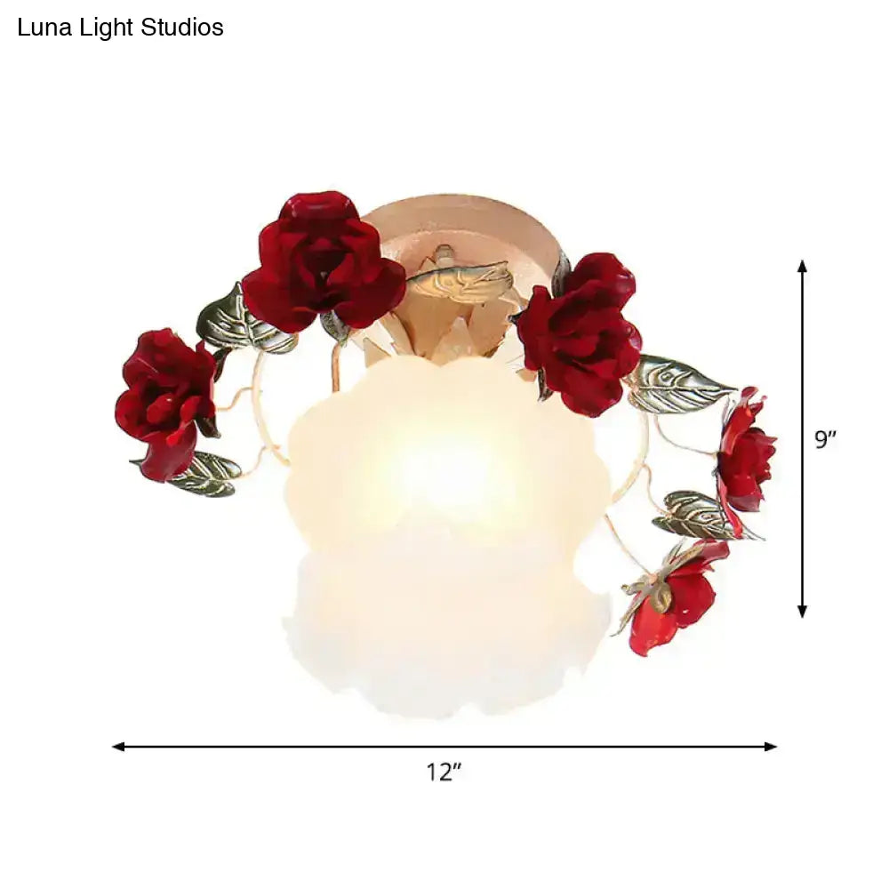 Korean garden ruffle frost white glass ceiling light bedroom rose deco