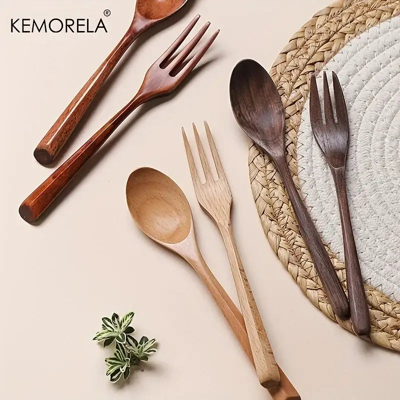 DecorBites™ 2-Piece Wooden Fork and Spoon Set | Korean-Inspired Tableware for Desserts and Rice