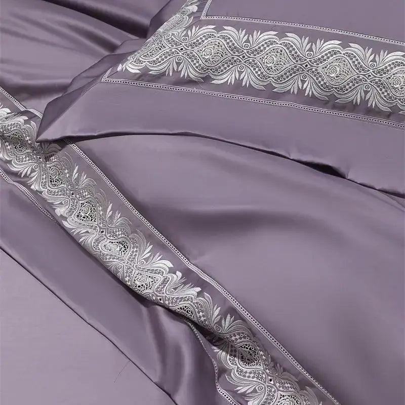 Lavender & silver lace embroidery bedding set bedroom luxe satin