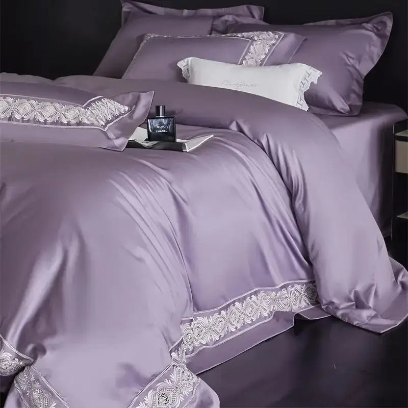 Lavender & silver lace embroidery bedding set bedroom luxe satin