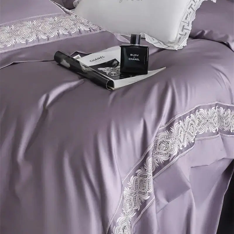 Lavender & silver lace embroidery bedding set bedroom luxe satin