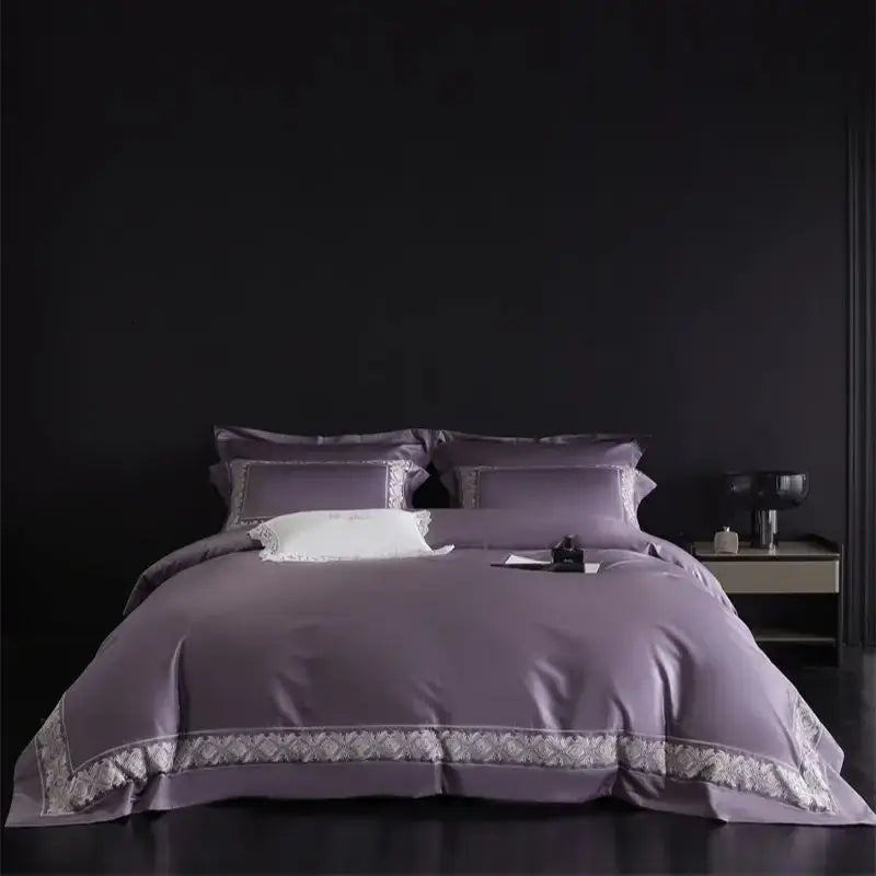 Lavender & silver lace embroidery bedding set bedroom luxe satin