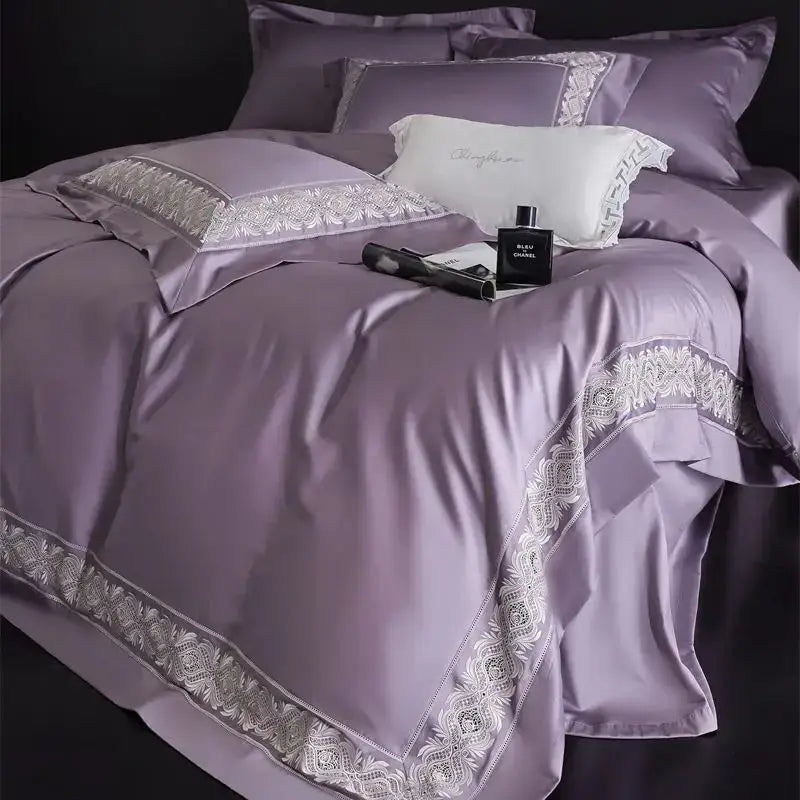 Lavender & silver lace embroidery bedding set bedroom luxe satin
