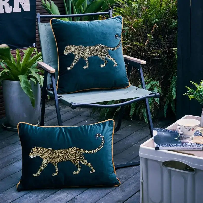 Leopard embroidered decorative pillowcase teal & gold living room