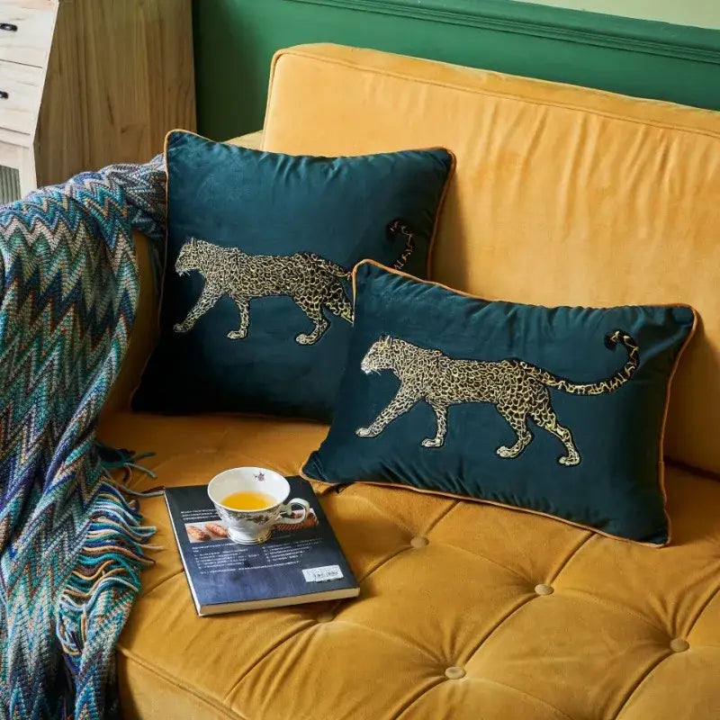 Leopard embroidered decorative pillowcase teal & gold living room