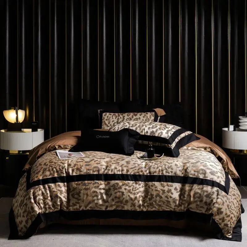 Leopard jacquard black & gold lyocell cotton bedding set bedroom