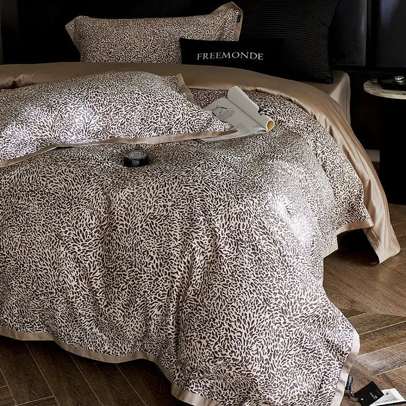Leopard luxury bedding set beige & black satin bedroom duvet cover
