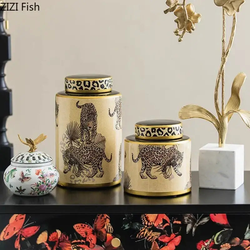 Leopard pattern cream ceramic storage jar bedroom jewelry canister