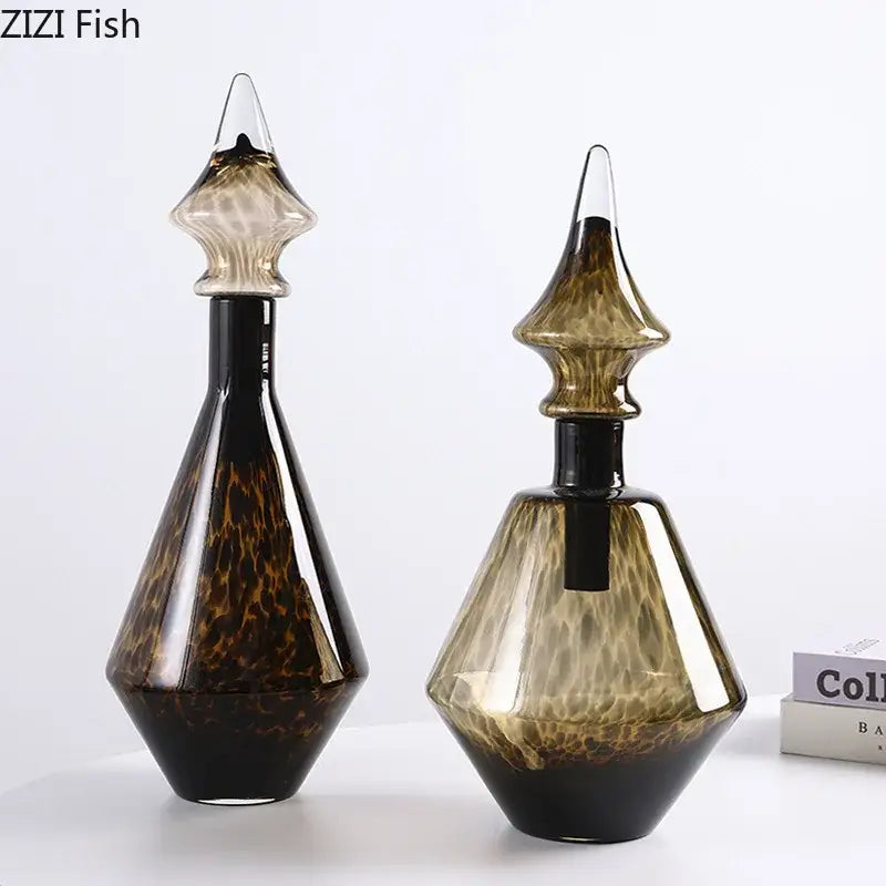 Leopard print glass vase set amber & black decanters living room decor