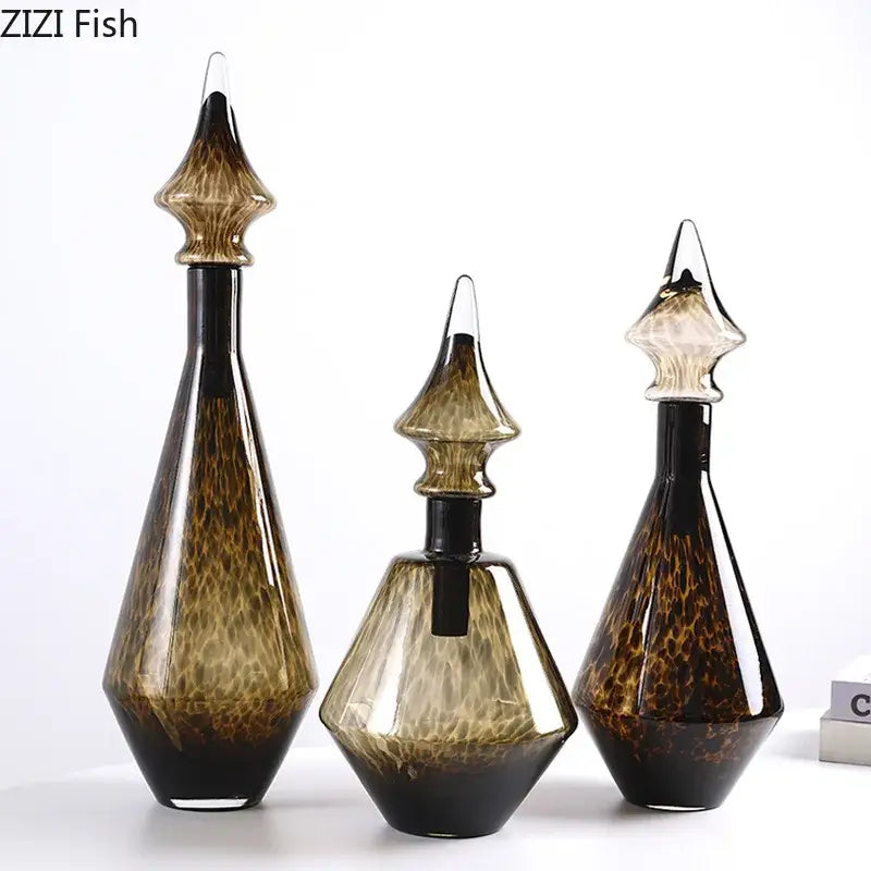 Leopard print glass vase set amber & black decanters living room decor