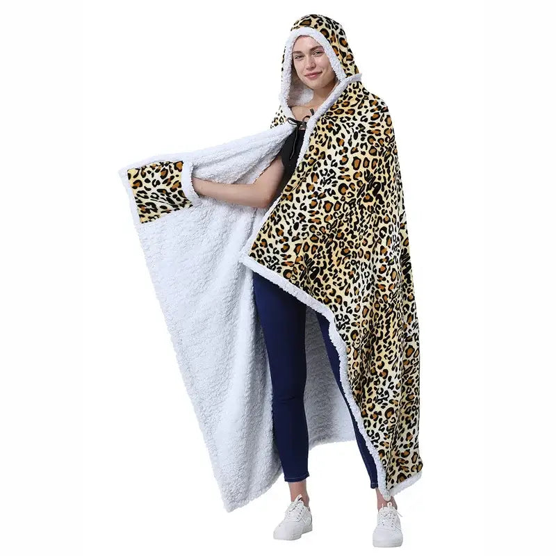 DecorBites™ Leopard Print Warm Wearable Lap Blanket - Soft Flannel Shawl Blanket