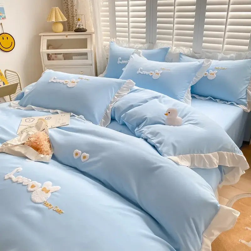 Light blue cotton bedding set with bunny embroidery bedroom decor