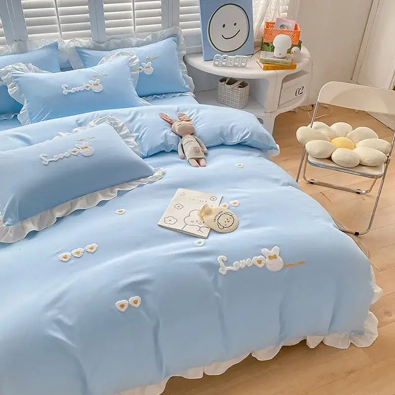 Light blue cotton bedding set with bunny embroidery bedroom decor