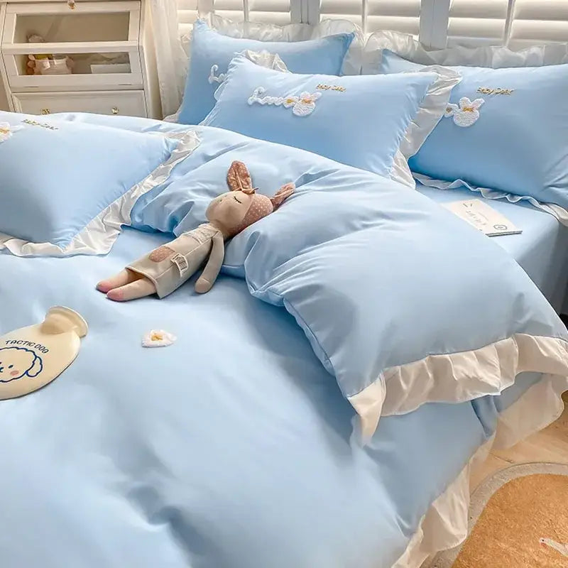 Light blue cotton bedding set with bunny embroidery bedroom decor