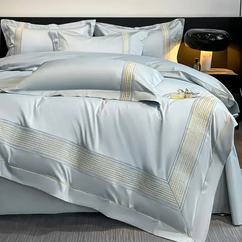 Light blue egyptian cotton embroidery duvet cover bedding set bedroom